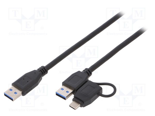 Cable; USB 3.0; USB A plug x2,USB C plug; 2m; black