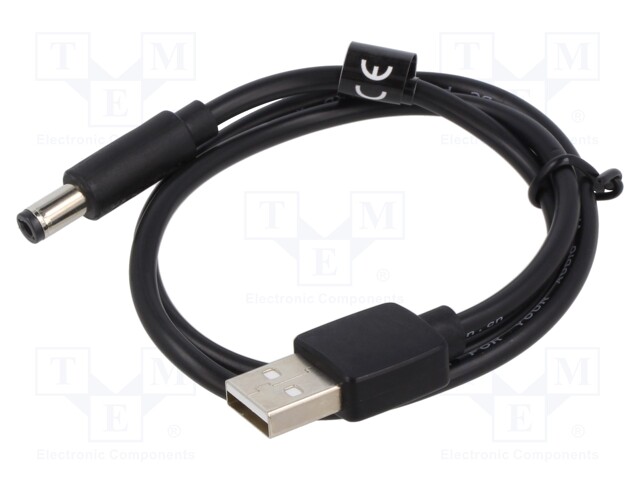 Cable; DC 5,5/2,5 plug,USB A plug; nickel plated; 0.5m; black