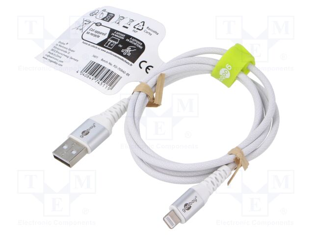 Cable; USB 2.0; Apple Lightning plug,USB A plug; 1m; white; 60W