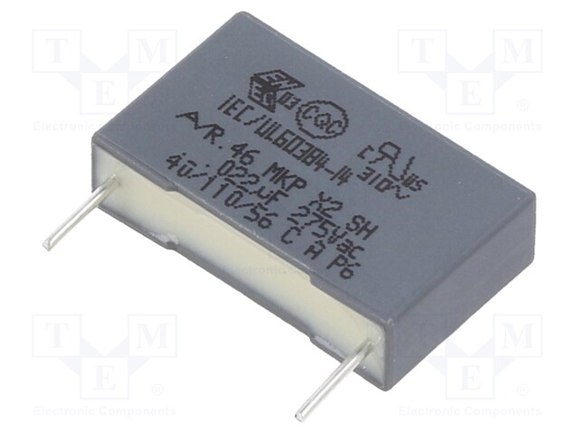 Capacitor: polypropylene; X2; 22nF; 15mm; ±10%; 18x5x11mm; 275VAC