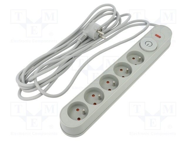 Plug socket strip: protective; Sockets: 5; 230VAC; 10A; grey; 5m