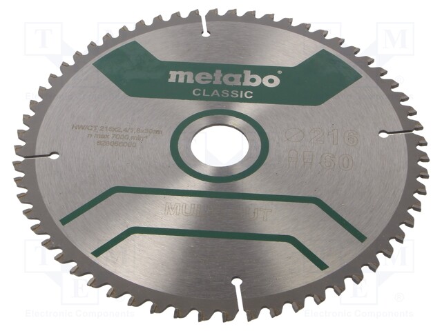 Circular saw; Ø: 216mm; Øhole: 30mm; W: 2.4mm; Teeth: 60; Mat: HW/CT