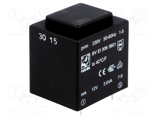 Transformer: encapsulated; 3.6VA; 230VAC; 12V; 300mA; Mounting: PCB