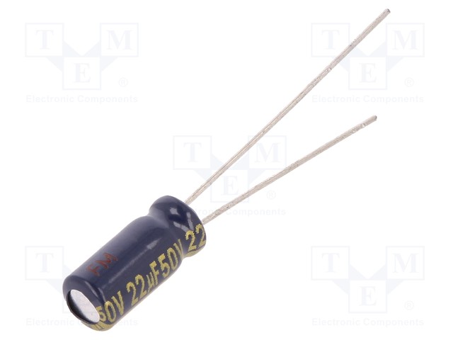 Capacitor: electrolytic; low impedance; THT; 22uF; 50VDC; Ø5x11mm