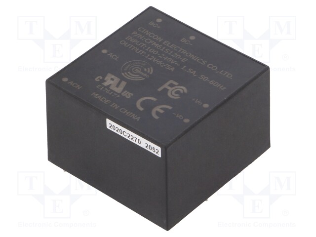 Converter: AC/DC; 60W; Uout: 12VDC; Iout: 5A; 88%; Mounting: PCB; 3kV