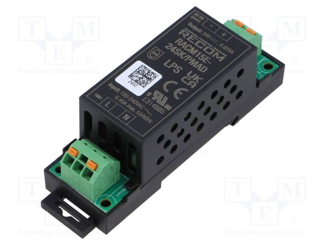 Converter: AC/DC; 15W; 80÷275VAC; Uout: 24VDC; Iout: 625mA; 86%