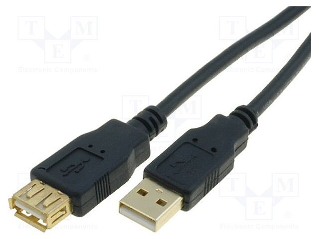 Cable; USB 2.0; USB A socket,USB A plug; gold-plated; 3m; black