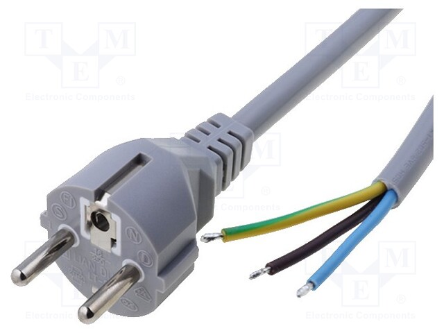 Cable; CEE 7/7 (E/F) plug,wires; 1.8m; grey; PVC; 3x1mm2; 16A; 250V