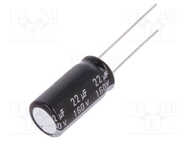 Capacitor: electrolytic; THT; 22uF; 160VDC; Ø10x20mm; Pitch: 5mm