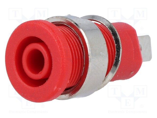 Socket; 4mm banana; 32A; red; nickel plated; on panel; insulated