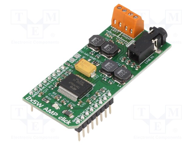 Click board; dual-channel class D audio amplifier; TDA7491LP