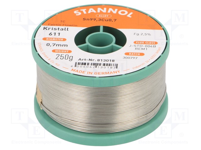 Soldering wire; Sn99,3Cu0,7; 0.7mm; 250g; lead free; Package: reel