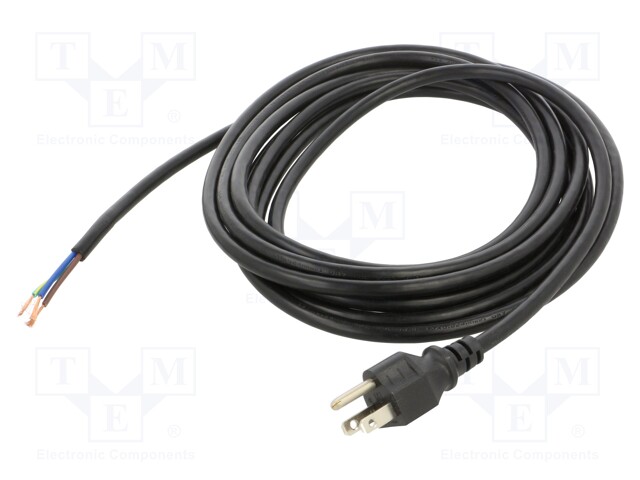 Cable; NEMA 5-15 (B) plug,wires; PVC; 4.6m; black; 3x18AWG; 10A