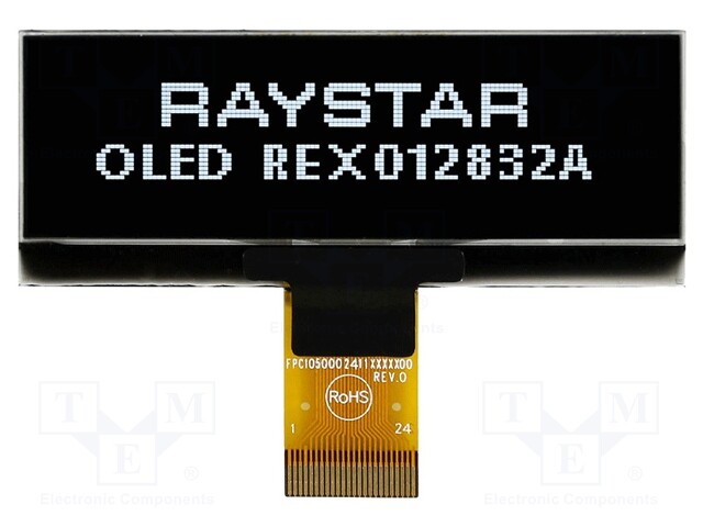 Display: OLED; graphical; 128x32; Window dimensions: 57.02x15.1mm