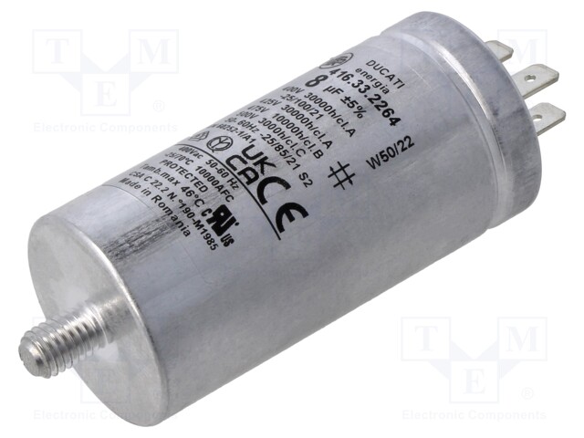 Capacitor: motors, run; 8uF; 400VAC; Ø35x72mm; -25÷85°C; ±5%