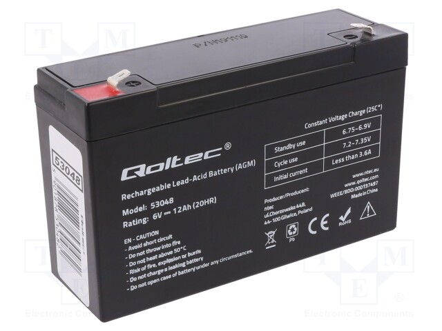 Re-battery: acid-lead; 6V; 12Ah; AGM; maintenance-free