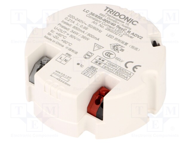 Power supply: switched-mode; LED; 36W; 50VDC; 850÷900mA; IP20; 111g