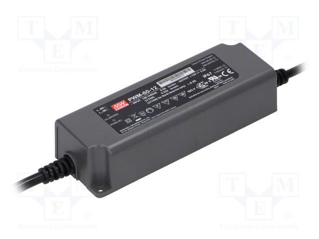 Power supply: switched-mode; for LED strips; 60W; 12VDC; 5A; IP67