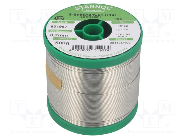 Soldering wire; Sn95Ag4Cu1; 700um; 0.5kg; lead free; Package: reel