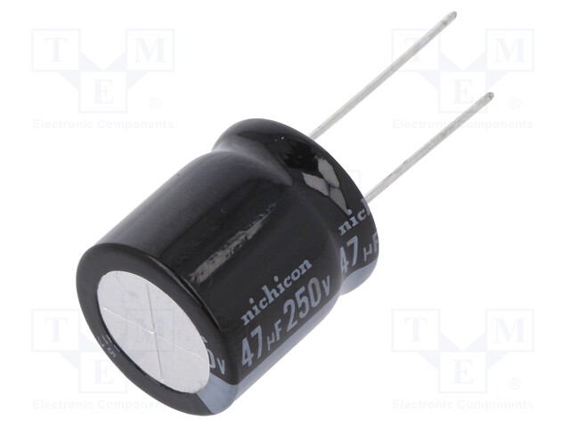 Capacitor: electrolytic; THT; 47uF; 250VDC; Ø18x20mm; Pitch: 7.5mm