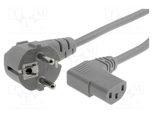 Cable; CEE 7/7 (E/F) plug angled,IEC C13 female 90°; 2.5m; grey