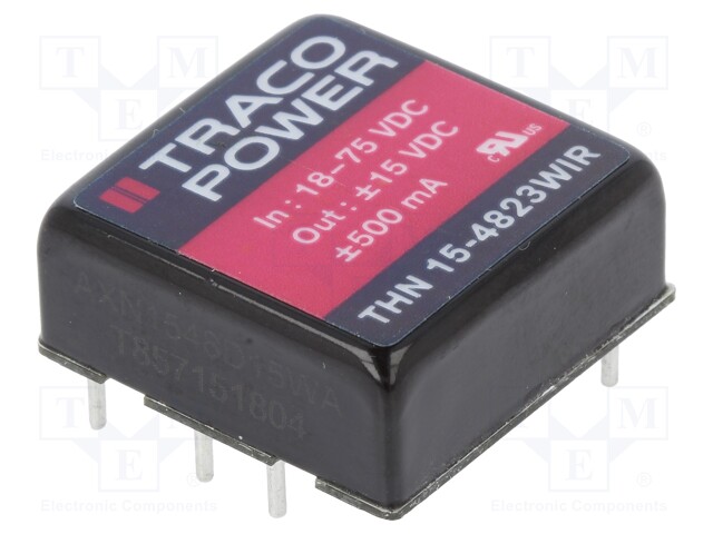 Converter: DC/DC; 15W; Uin: 18÷75V; Uout: 15VDC; Uout2: -15VDC; 1"x1"