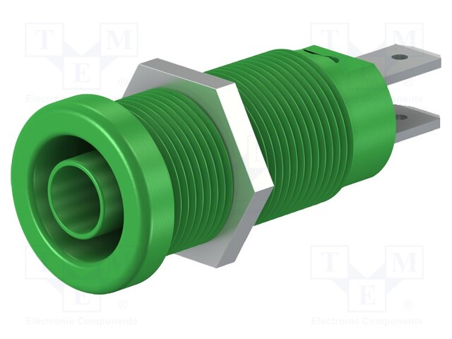 Socket; 4mm banana; 37mm; green; nickel plated; screw,panel; 20A