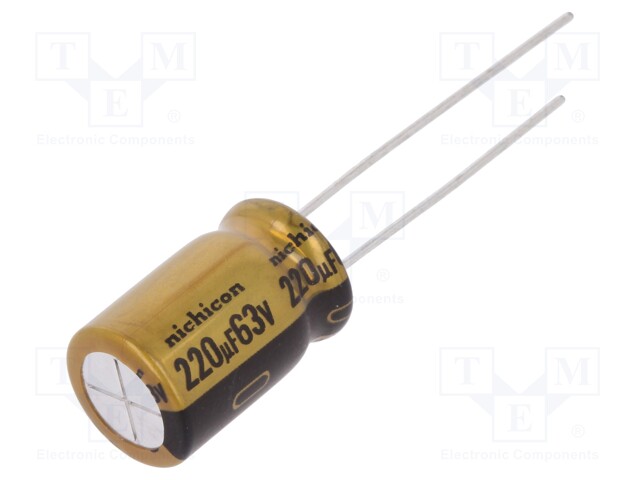 Capacitor: electrolytic; THT; 220uF; 63VDC; Ø10x16mm; Pitch: 5mm