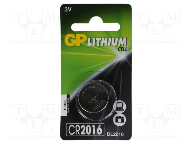 Battery: lithium; 3V; CR2016,coin; Batt.no: 1; Ø20x1.6mm; 90mAh