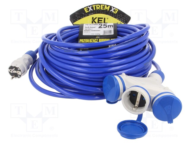 Extension lead; Sockets: 3; PUR; blue; 3x2,5mm2; 25m; 16A