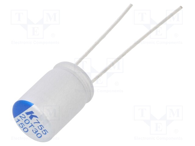 Polymer Aluminium Electrolytic Capacitor, 150 µF, 20 V, Radial Leaded, A755 Series, 0.02 ohm