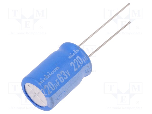 Capacitor: electrolytic; THT; 220uF; 63VDC; Ø12.5x20mm; Pitch: 5mm