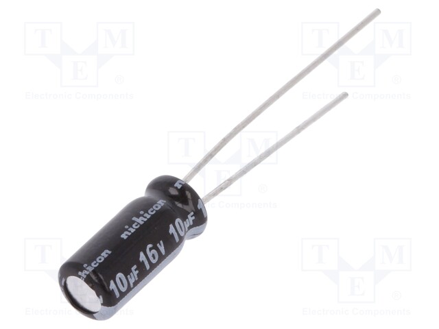 Capacitor: electrolytic; THT; 10uF; 16VDC; Ø5x11mm; Pitch: 2mm; ±20%