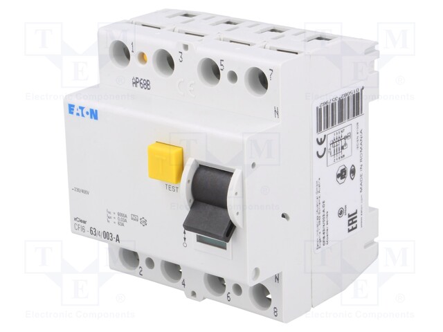 RCD breaker; Inom: 63A; Ires: 0.03A; Max surge current: 250A; IP40