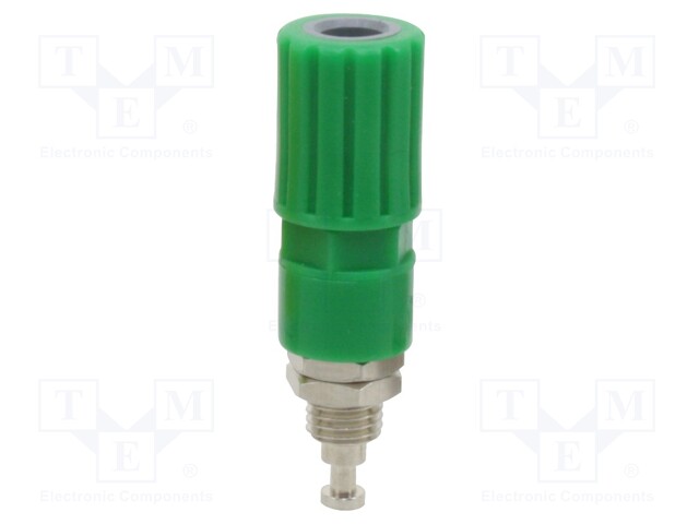 Socket; 4mm banana; 36A; green; nickel plated; on panel,screw