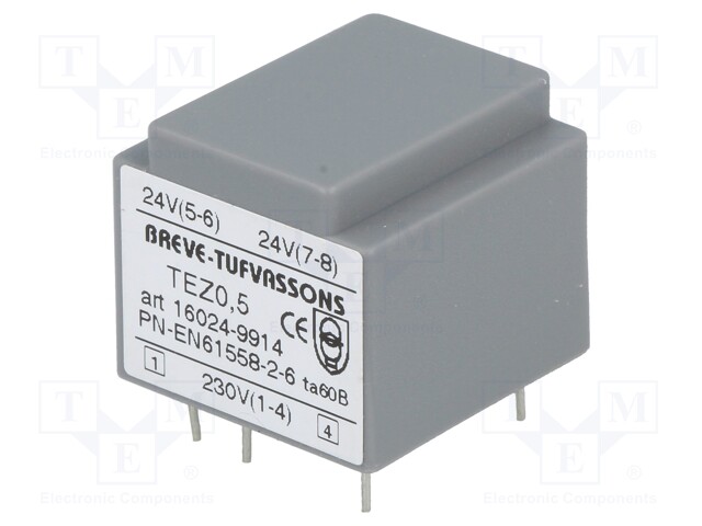 Transformer: encapsulated; 0.5VA; 230VAC; 24V; 24V; 10.4mA; 10.4mA