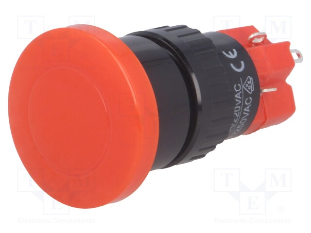 Switch: push-button; Pos: 2; SPDT; 3A/250VAC; 2A/24VDC; red; red