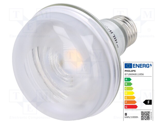 LED lamp; warm white; E27; 230VAC; 670lm; 8W; 36°; 2700K; CRImin: 80