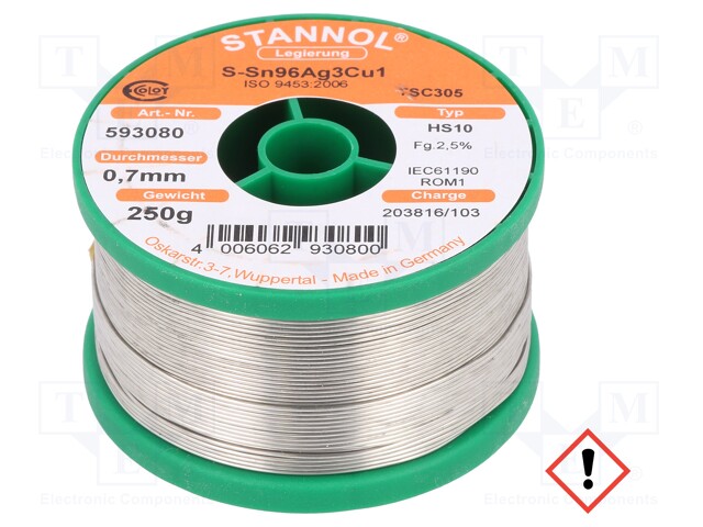 Soldering wire; Sn96Ag3Cu1; 0.7mm; 0.25kg; lead free; 217÷220°C