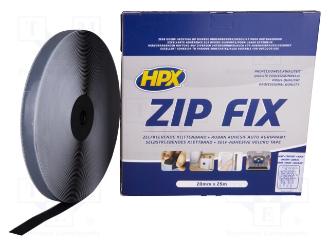 Tape: velcro; W: 20mm; L: 25m; D: 2.1mm; synthetic rubber; black