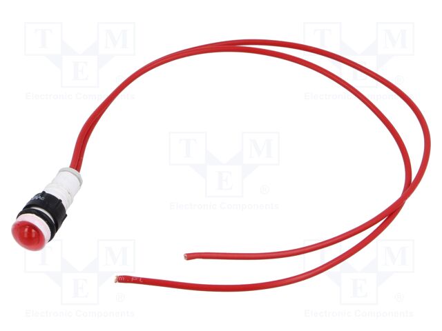 Indicator: LED; prominent; red; 230VAC; Ø10mm; leads 300mm; plastic