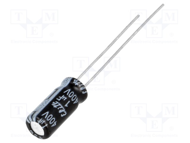 Capacitor: electrolytic; THT; 1uF; 400VDC; Ø5x11mm; Pitch: 2mm; ±20%