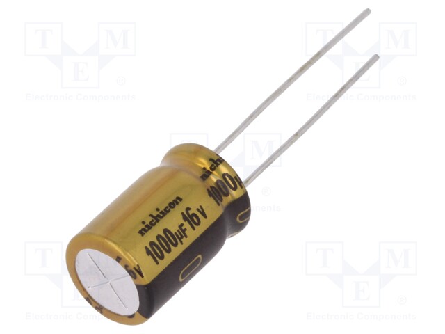 Capacitor: electrolytic; THT; 1000uF; 16VDC; Ø10x16mm; Pitch: 5mm