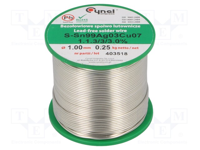 Soldering wire; Sn99Ag0,3Cu0,7; 1mm; 250g; lead free; 216÷227°C