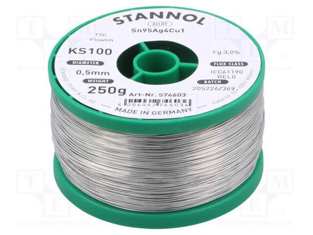 Soldering wire; Sn95Ag4Cu1; 0.5mm; 0.25kg; lead free; 217°C