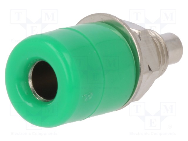 Socket; 4mm banana; 20A; Cutout: Ø7.5mm; green; nickel plated; 5mΩ