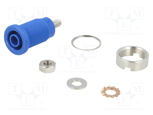 Socket; 4mm banana; 32A; blue; nickel plated; screw,on panel; 32mm