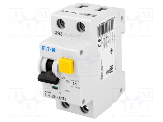 RCBO breaker; Inom: 20A; Ires: 30mA; Max surge current: 250A; 230V