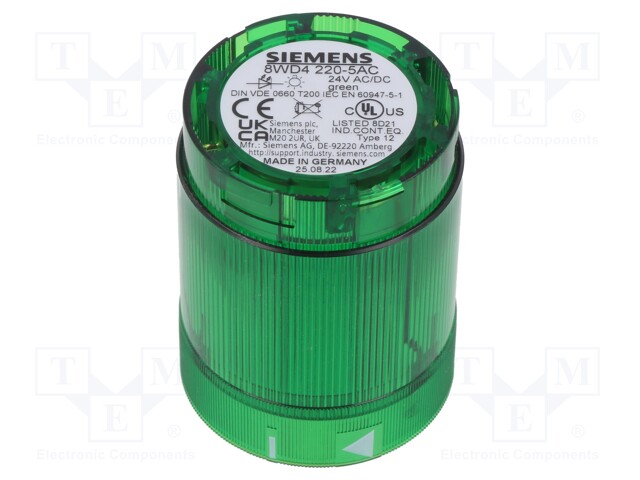 Visual Signal Indicator, Green, Continuous, 24 VDC, 24 VAC, IP54, 50 mm Dia, 67 mm Height