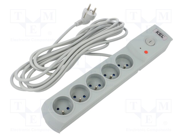 Plug socket strip: protective; Sockets: 5; 230VAC; 10A; grey; 5m